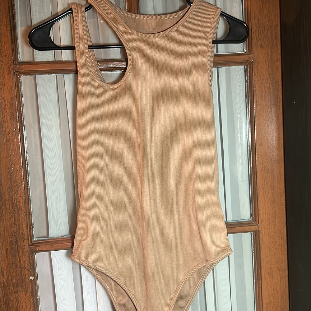 SHEIN Beige Ribbed Tank One-Piece Bodysuit